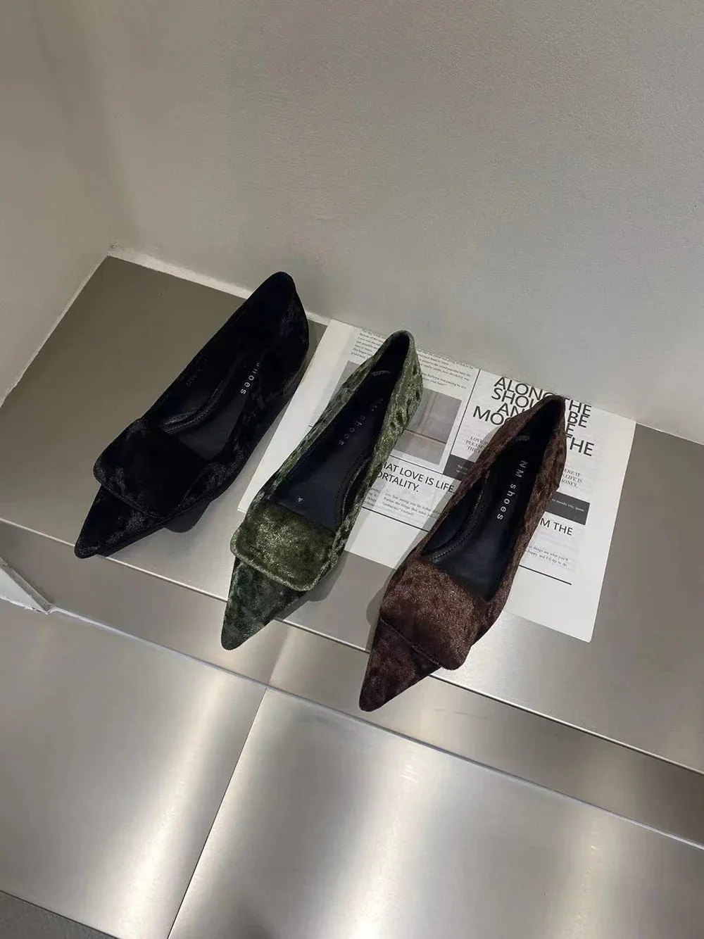 binfenxie  -  Pointed Toe Women Flats Loafers Black Brown Green Casual Daily Dress Shoes 2024New Arrivals Satin Flock Dress Shoes Woman 35-39