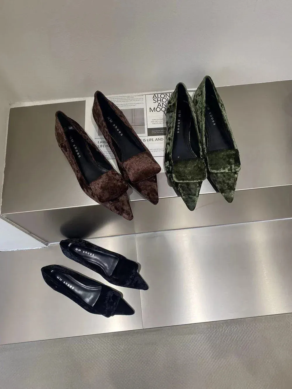 binfenxie  -  Pointed Toe Women Flats Loafers Black Brown Green Casual Daily Dress Shoes 2024New Arrivals Satin Flock Dress Shoes Woman 35-39
