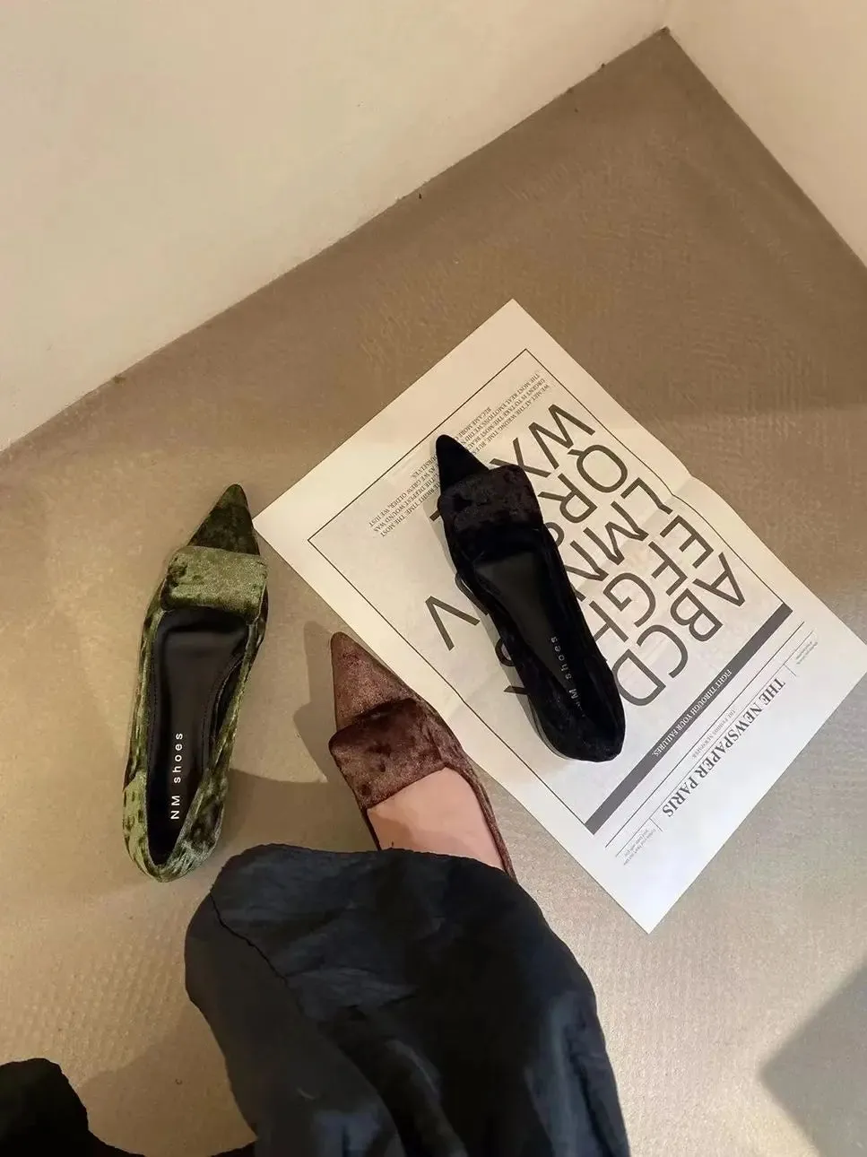 binfenxie  -  Pointed Toe Women Flats Loafers Black Brown Green Casual Daily Dress Shoes 2024New Arrivals Satin Flock Dress Shoes Woman 35-39