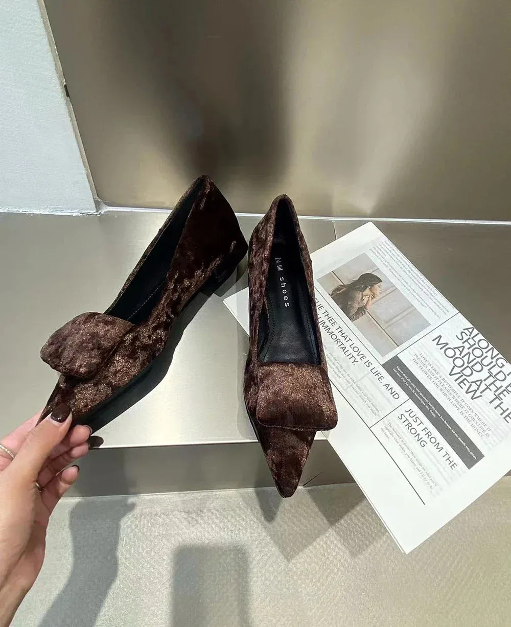 binfenxie  -  Pointed Toe Women Flats Loafers Black Brown Green Casual Daily Dress Shoes 2024New Arrivals Satin Flock Dress Shoes Woman 35-39