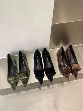 binfenxie  -  Pointed Toe Women Flats Loafers Black Brown Green Casual Daily Dress Shoes 2024New Arrivals Satin Flock Dress Shoes Woman 35-39
