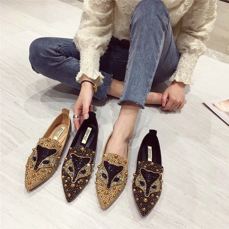 Cilool Rhinestone Rivet Flat Pointed Joker  Fashion Shoes