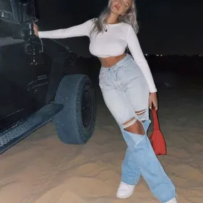 Gradient Wide Leg Washed Ripped Boyfriend Jeans - Light Blue