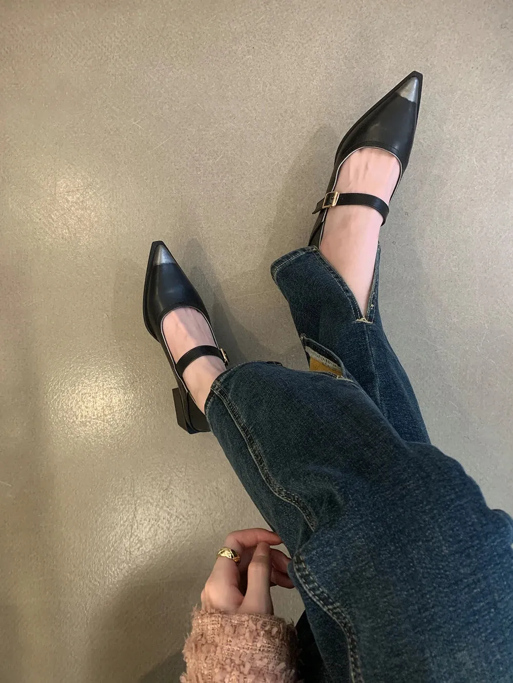 Mqtime Black Brown Women Loafers Pointed Toe Autumn Spring Dress Shoes Woman Belt Buckle Fashion Dress Shoes Woman Mid Heels Size 35-39