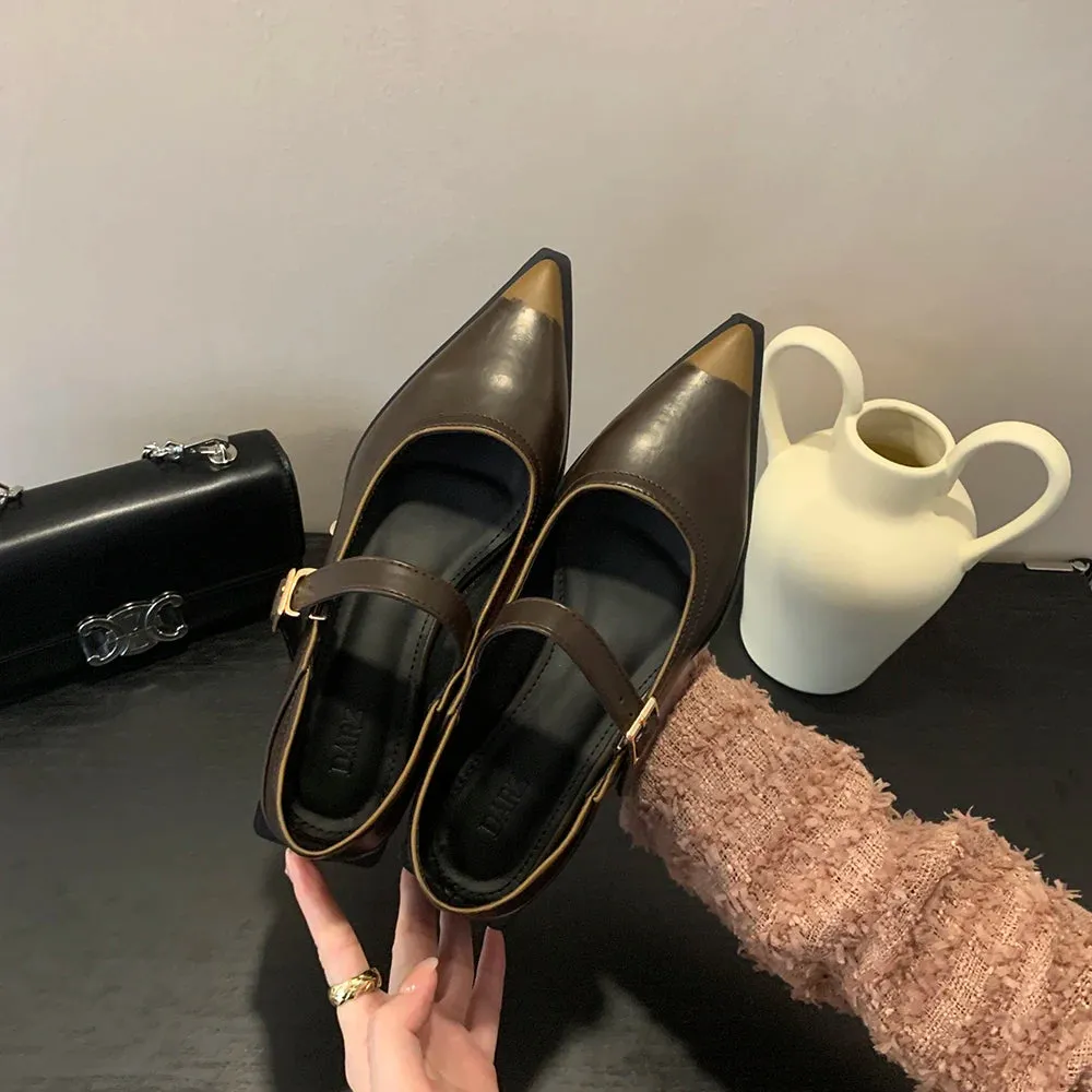 Mqtime Black Brown Women Loafers Pointed Toe Autumn Spring Dress Shoes Woman Belt Buckle Fashion Dress Shoes Woman Mid Heels Size 35-39