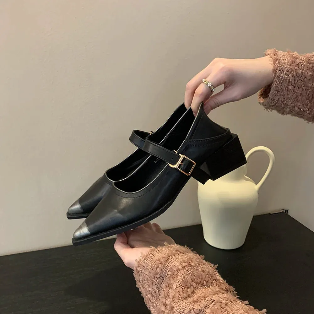 Mqtime Black Brown Women Loafers Pointed Toe Autumn Spring Dress Shoes Woman Belt Buckle Fashion Dress Shoes Woman Mid Heels Size 35-39
