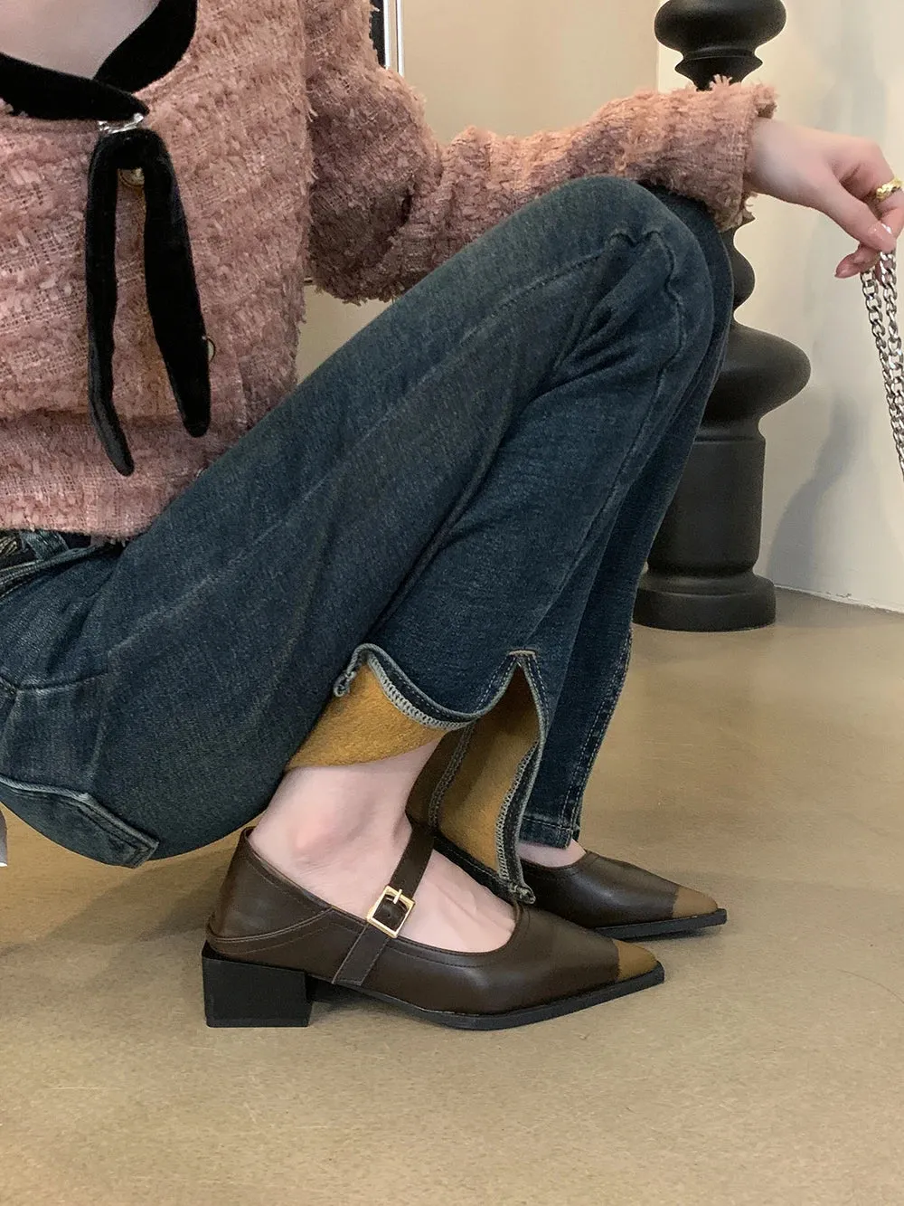 Mqtime Black Brown Women Loafers Pointed Toe Autumn Spring Dress Shoes Woman Belt Buckle Fashion Dress Shoes Woman Mid Heels Size 35-39