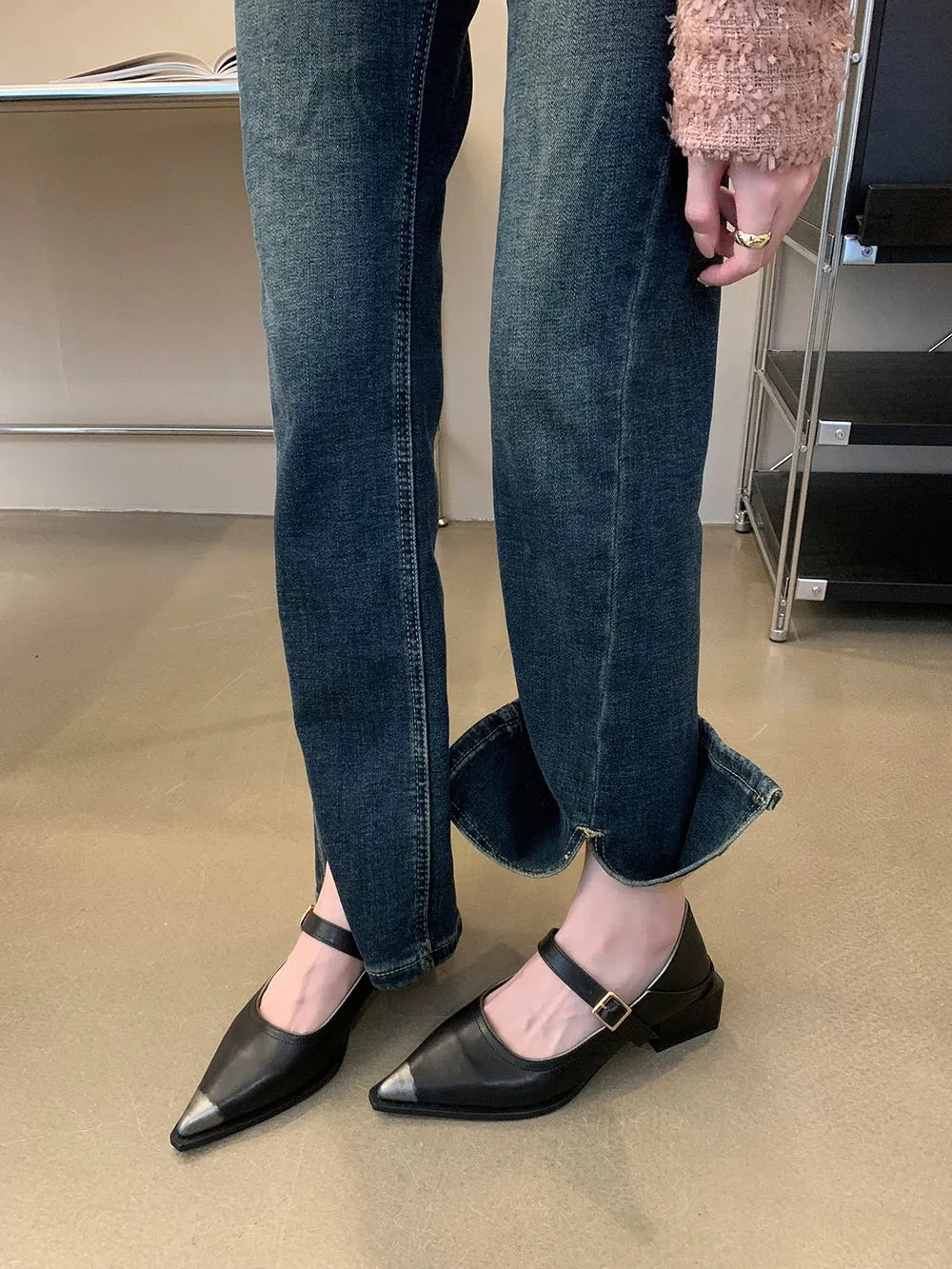 Mqtime Black Brown Women Loafers Pointed Toe Autumn Spring Dress Shoes Woman Belt Buckle Fashion Dress Shoes Woman Mid Heels Size 35-39