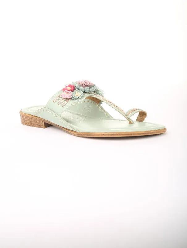 Touch Me Note - Mint Floral Boho Kolhapuri Flats
